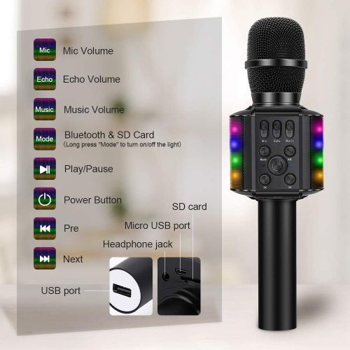  BONAOK Wireless Bluetooth Karaoke Microphone with controllable LED Lights, 4 in 1 Portable Karaoke Machine Speaker for Android/iPhone/PC (Black)