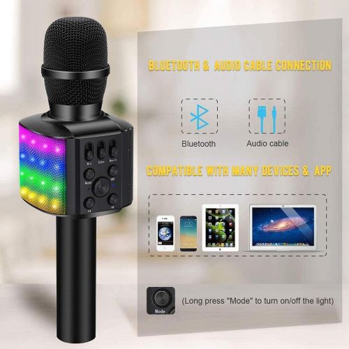  BONAOK Wireless Bluetooth Karaoke Microphone with controllable LED Lights, 4 in 1 Portable Karaoke Machine Speaker for Android/iPhone/PC (Black)