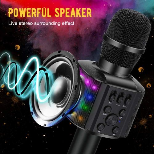  BONAOK Wireless Bluetooth Karaoke Microphone with controllable LED Lights, 4 in 1 Portable Karaoke Machine Speaker for Android/iPhone/PC (Black)