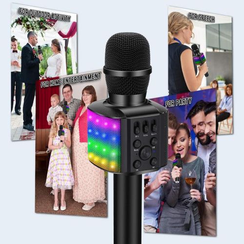  BONAOK Wireless Bluetooth Karaoke Microphone with controllable LED Lights, 4 in 1 Portable Karaoke Machine Speaker for Android/iPhone/PC (Black)