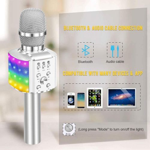  BONAOK Wireless Bluetooth Karaoke Microphone with controllable LED Lights, 4 in 1 Portable Karaoke Machine Speaker for Android/iPhone/PC (Silver)