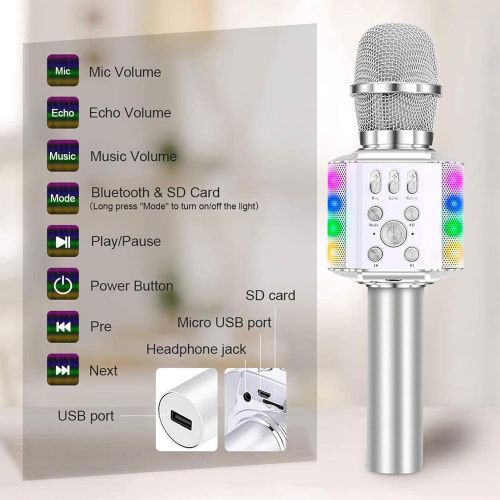  BONAOK Wireless Bluetooth Karaoke Microphone with controllable LED Lights, 4 in 1 Portable Karaoke Machine Speaker for Android/iPhone/PC (Silver)