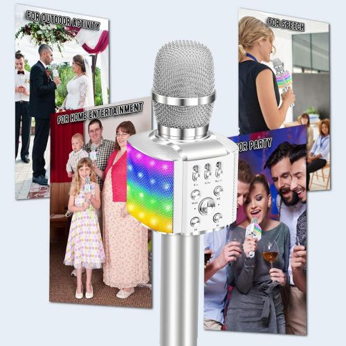  BONAOK Wireless Bluetooth Karaoke Microphone with controllable LED Lights, 4 in 1 Portable Karaoke Machine Speaker for Android/iPhone/PC (Silver)