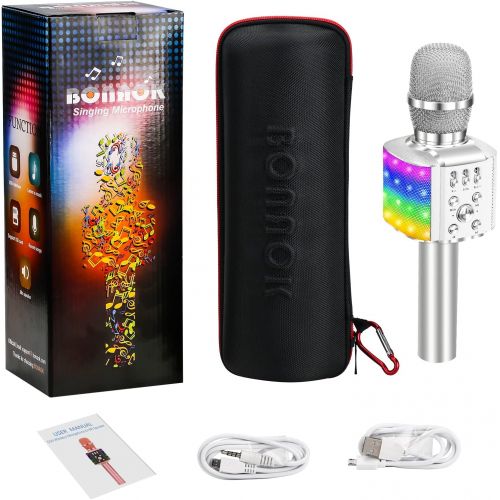  BONAOK Wireless Bluetooth Karaoke Microphone with controllable LED Lights, 4 in 1 Portable Karaoke Machine Speaker for Android/iPhone/PC (Silver)