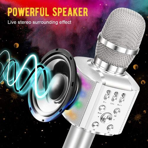  BONAOK Wireless Bluetooth Karaoke Microphone with controllable LED Lights, 4 in 1 Portable Karaoke Machine Speaker for Android/iPhone/PC (Silver)