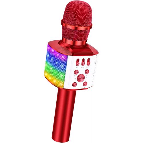  BONAOK Wireless Bluetooth Karaoke Microphone with controllable LED Lights, 4 in 1 Portable Karaoke Machine Speaker for Android/iPhone/PC/Christmas (Red)