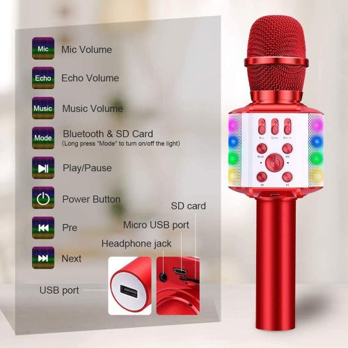  BONAOK Wireless Bluetooth Karaoke Microphone with controllable LED Lights, 4 in 1 Portable Karaoke Machine Speaker for Android/iPhone/PC/Christmas (Red)