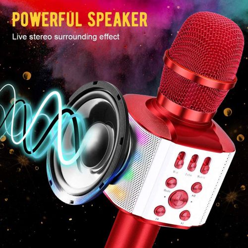  BONAOK Wireless Bluetooth Karaoke Microphone with controllable LED Lights, 4 in 1 Portable Karaoke Machine Speaker for Android/iPhone/PC/Christmas (Red)