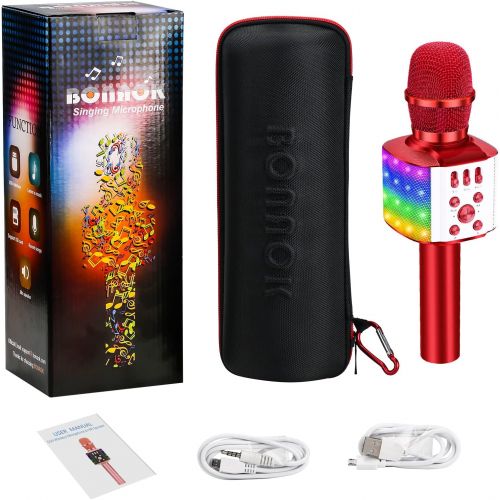  BONAOK Wireless Bluetooth Karaoke Microphone with controllable LED Lights, 4 in 1 Portable Karaoke Machine Speaker for Android/iPhone/PC/Christmas (Red)