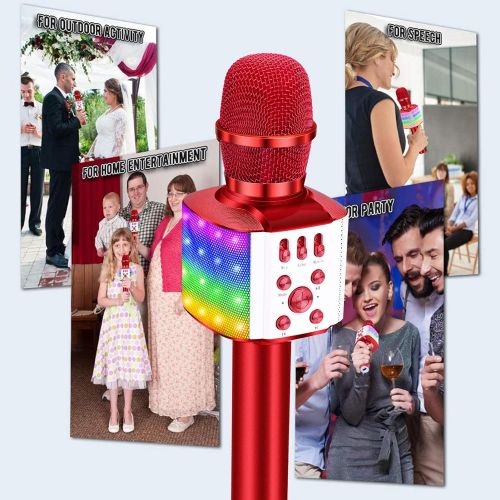  BONAOK Wireless Bluetooth Karaoke Microphone with controllable LED Lights, 4 in 1 Portable Karaoke Machine Speaker for Android/iPhone/PC/Christmas (Red)