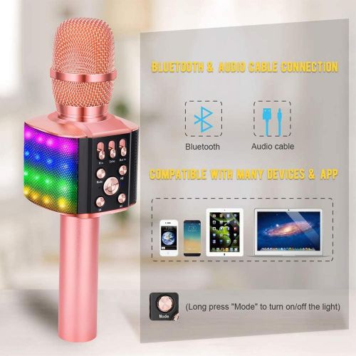  BONAOK Wireless Bluetooth Karaoke Microphone with controllable LED Lights, 4 in 1 Portable Karaoke Machine Speaker for Android/iPhone/PC (Rose Gold)