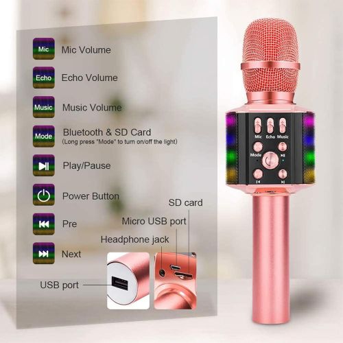  BONAOK Wireless Bluetooth Karaoke Microphone with controllable LED Lights, 4 in 1 Portable Karaoke Machine Speaker for Android/iPhone/PC (Rose Gold)