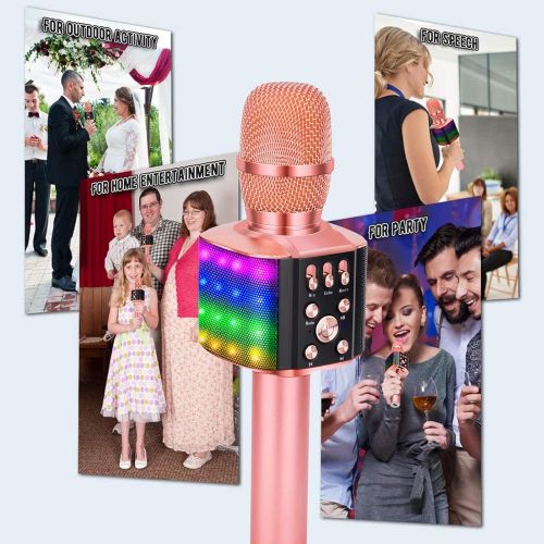  BONAOK Wireless Bluetooth Karaoke Microphone with controllable LED Lights, 4 in 1 Portable Karaoke Machine Speaker for Android/iPhone/PC (Rose Gold)