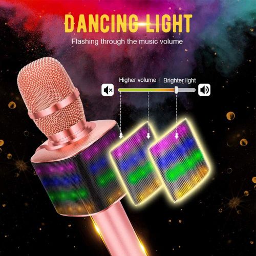  BONAOK Wireless Bluetooth Karaoke Microphone with controllable LED Lights, 4 in 1 Portable Karaoke Machine Speaker for Android/iPhone/PC (Rose Gold)