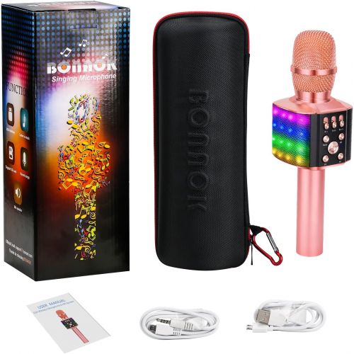  BONAOK Wireless Bluetooth Karaoke Microphone with controllable LED Lights, 4 in 1 Portable Karaoke Machine Speaker for Android/iPhone/PC (Rose Gold)