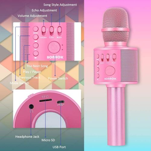  BONAOK Wireless Bluetooth Karaoke Microphone,3-in-1 Portable Handheld Karaoke Mic Speaker Machine Christmas Birthday Home Party for Android/iPhone/PC or All Smartphone(Q37 Light Pi