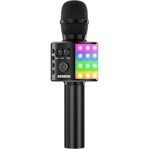  BONAOK Wireless Bluetooth Karaoke Microphone for Kids, Portable Handheld Singing Mic Speaker MP3 Player with Controllable LED Lights, Party for Adults Girls Boys Teens Q37L (Black)