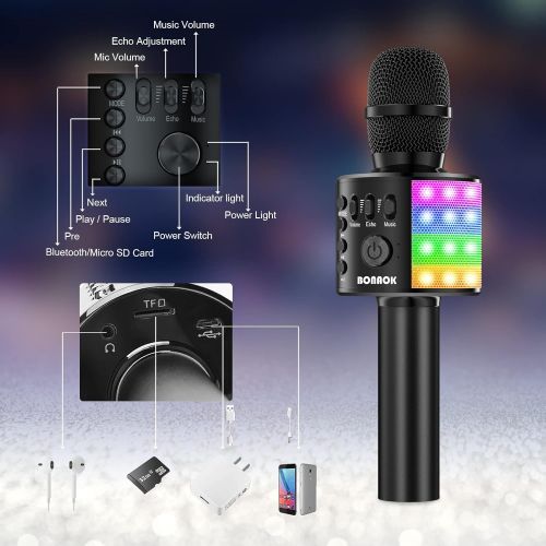  BONAOK Wireless Bluetooth Karaoke Microphone for Kids, Portable Handheld Singing Mic Speaker MP3 Player with Controllable LED Lights, Party for Adults Girls Boys Teens Q37L (Black)