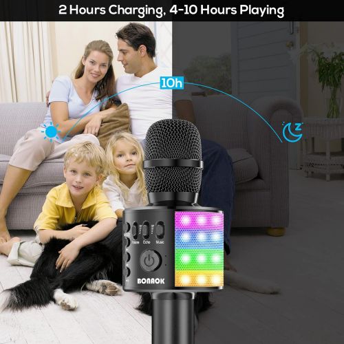  BONAOK Wireless Bluetooth Karaoke Microphone for Kids, Portable Handheld Singing Mic Speaker MP3 Player with Controllable LED Lights, Party for Adults Girls Boys Teens Q37L (Black)