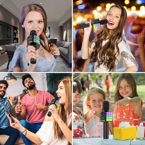  BONAOK Wireless Bluetooth Karaoke Microphone for Kids, Portable Handheld Singing Mic Speaker MP3 Player with Controllable LED Lights, Party for Adults Girls Boys Teens Q37L (Black)