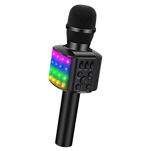  [아마존베스트]BONAOK Wireless Bluetooth Karaoke Microphone with controllable LED Lights, 4 in 1 Portable Karaoke Machine Speaker for Android/iPhone/PC (Black)