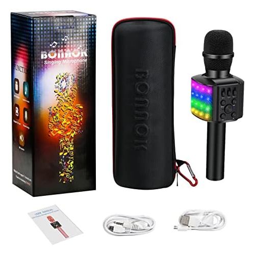  [아마존베스트]BONAOK Wireless Bluetooth Karaoke Microphone with controllable LED Lights, 4 in 1 Portable Karaoke Machine Speaker for Android/iPhone/PC (Black)