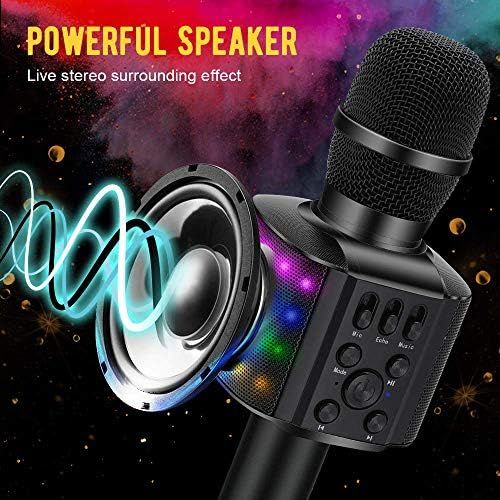  [아마존베스트]BONAOK Wireless Bluetooth Karaoke Microphone with controllable LED Lights, 4 in 1 Portable Karaoke Machine Speaker for Android/iPhone/PC (Black)