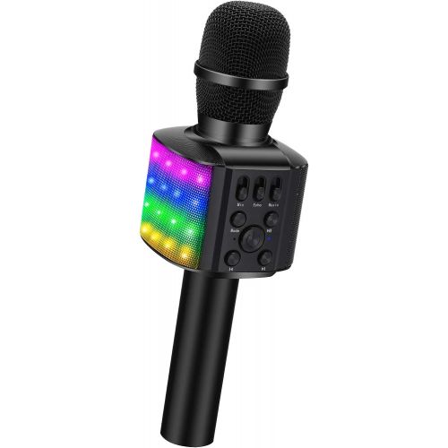  [아마존베스트]BONAOK Wireless Bluetooth Karaoke Microphone with controllable LED Lights, 4 in 1 Portable Karaoke Machine Speaker for Android/iPhone/PC (Black)