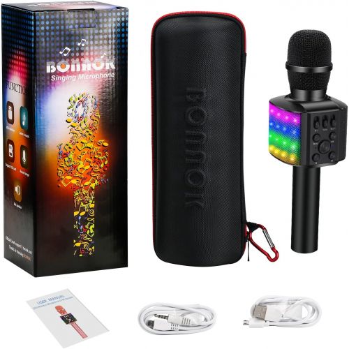  [아마존베스트]BONAOK Wireless Bluetooth Karaoke Microphone with controllable LED Lights, 4 in 1 Portable Karaoke Machine Speaker for Android/iPhone/PC (Black)