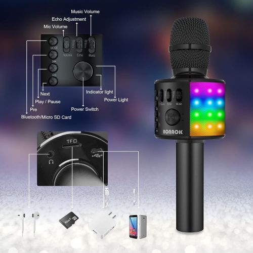  [아마존베스트]BONAOK Bluetooth Karaoke Wireless Microphone with LED Lights, 4 in 1 Portable Rechargeable Sing Mic Speaker for Android/iPhone/iPad/PC Kids Adults(Q37L BLACK)