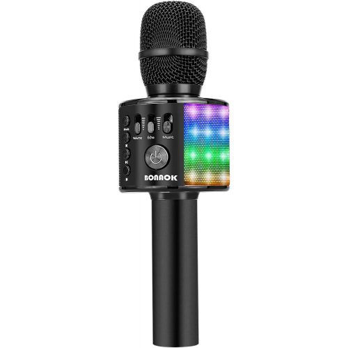  [아마존베스트]BONAOK Bluetooth Karaoke Wireless Microphone with LED Lights, 4 in 1 Portable Rechargeable Sing Mic Speaker for Android/iPhone/iPad/PC Kids Adults(Q37L BLACK)