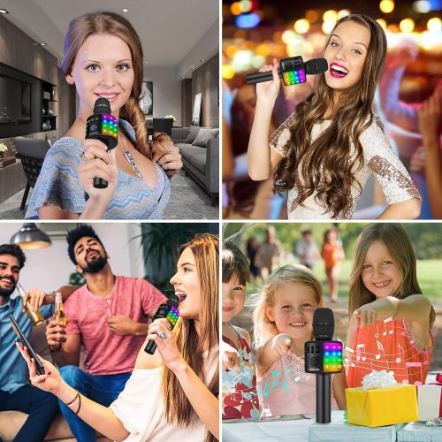  [아마존베스트]BONAOK Bluetooth Karaoke Wireless Microphone with LED Lights, 4 in 1 Portable Rechargeable Sing Mic Speaker for Android/iPhone/iPad/PC Kids Adults(Q37L BLACK)