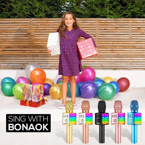  [아마존베스트]BONAOK Bluetooth Karaoke Wireless Microphone with LED Lights, 4 in 1 Portable Rechargeable Sing Mic Speaker for Android/iPhone/iPad/PC Kids Adults(Q37L BLACK)