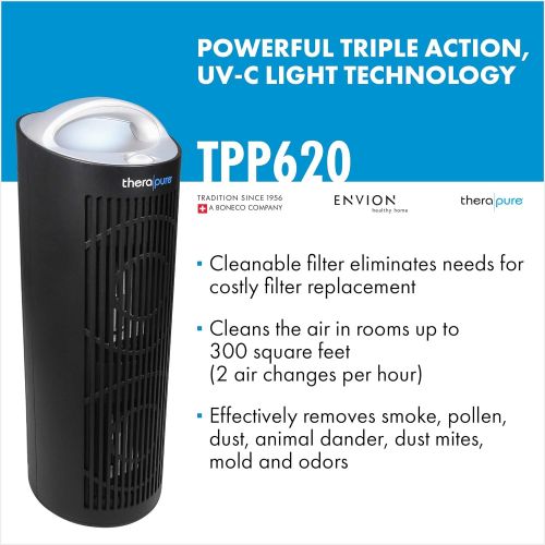  BONECO ENVION Therapure TPP620 Tower 4 Filter Stage UV-C Air Purifier with 3 Fan Speeds and Built In Handle for Small Spaces up to 300 Square Feet, Black
