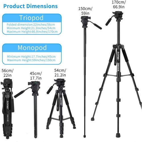  BONFOTO 2-in-1 Aluminum Alloy Camera Tripod Monopod 67 with 1/4 inch Screws Fluid Drag Pan Head and Carry Bag for Nikon Canon DSLR Cameras Video Camcorders