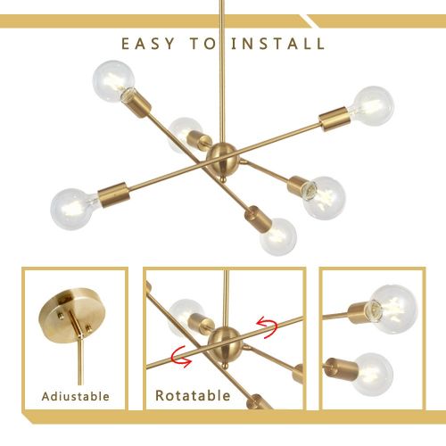  BONLICHT Modern Sputnik Chandelier Lighting 6 Lights Brushed Brass Chandelier Mid Century Pendant Lighting Gold Ceiling Light Fixture for Hallway Bar Kitchen Dining Room