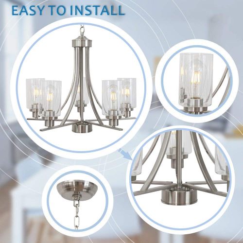  BONLICHT Traditional Chandelier Lighting 5 Light Brushed Nickel Modern Light Fixtures Hanging Pendant Lighting with Clear Glass Shade Classic Ceiling Lights for Kitchen Dining Room