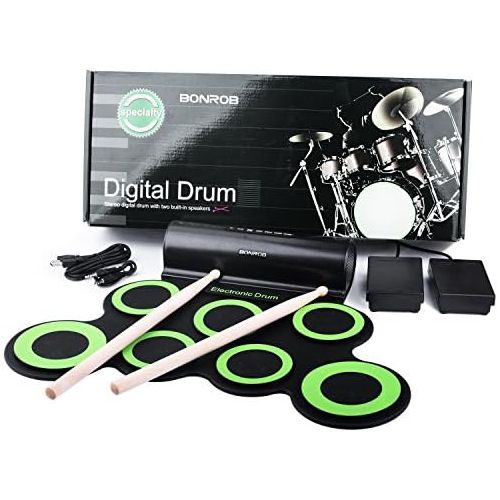  [아마존베스트]Electronic drums, drum set, BONROB roll up drum kit midi drum kit with headphones and built-in speaker drum pedals and sticks, up to 10 pieces. The best Christmas present for you.