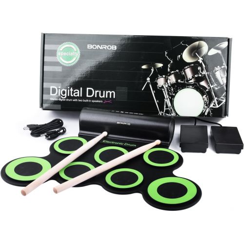  [아마존베스트]Electronic drums, drum set, BONROB roll up drum kit midi drum kit with headphones and built-in speaker drum pedals and sticks, up to 10 pieces. The best Christmas present for you.