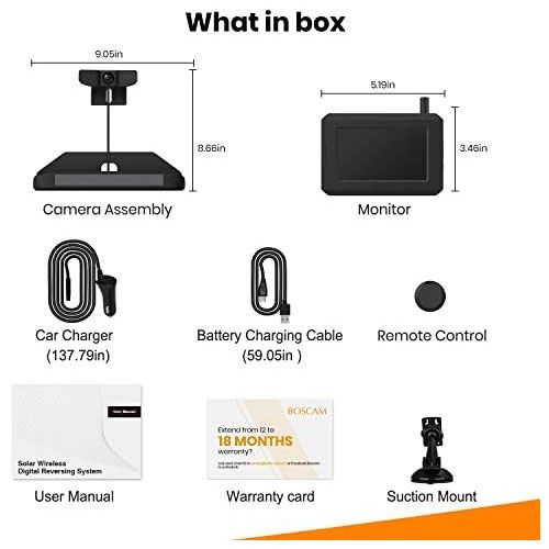  BOSCAM SunGo Solar Kabellos Rueckfahrkamera Set, DIY Installation ohne Verkabelung, Drahtlose Digitale Rueckfahrkamera mit Stabilem Signal, Funk Rueckfahrkamera mit IP68 Wasserdichtem