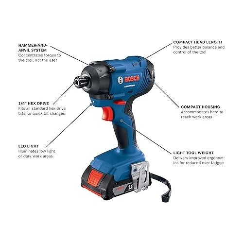  BOSCH GDR18V-1400B12 18V 1/4 In. Hex Impact Driver Kit with 2.0Ah Battery