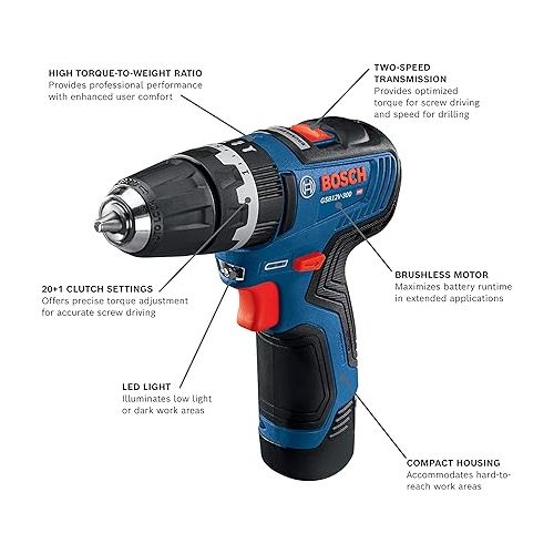  Bosch GSB12V-300B22 12V Max Brushless 3/8 In. Hammer Drill/Driver Kit with (2) 2.0 Ah Batteries