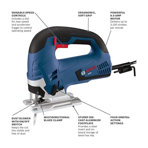  BOSCH JS365 120V 6.5 Amp Top-Handle Jigsaw Kit Variable Speed, 45 Degree Bevel Cuts, Up to 3,000 SPM