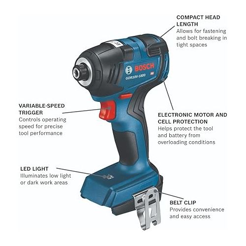  BOSCH GDR18V-1800B12 18V Brushless 1/4 In. Hex Impact Driver Kit with (1) 2 Ah Standard Power Battery