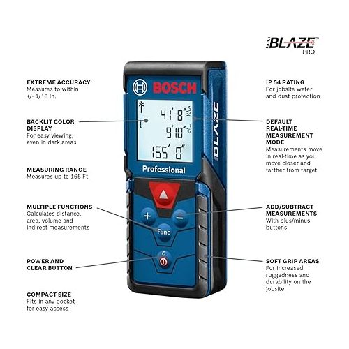  BOSCH GLM165-40 BLAZE 165 Ft Laser Distance Measure, Includes 2 AAA Batteries, Hand Strap, Target Cards, & Pouch