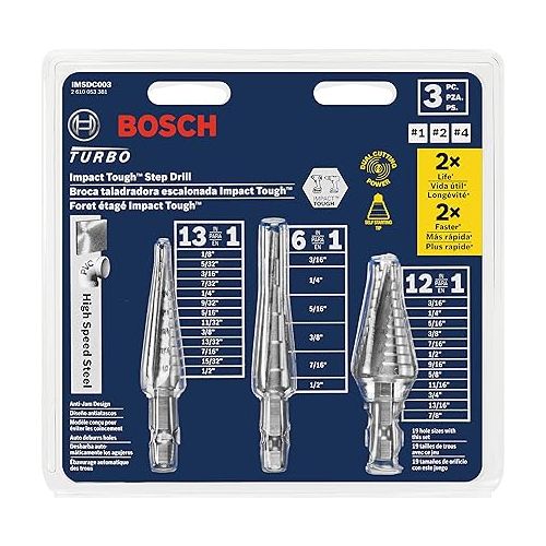  BOSCH IMSDC003 3-Piece Assorted Set High-Speed Steel Impact Tough Turbo Step Drill Bits Ideal for Cordless Drilling Applications in Thin Gauge Metal, Wood, Plastic, PVC