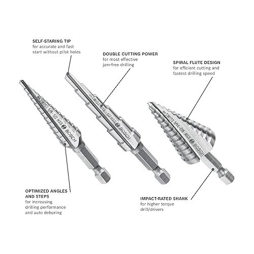  BOSCH IMSDC003 3-Piece Assorted Set High-Speed Steel Impact Tough Turbo Step Drill Bits Ideal for Cordless Drilling Applications in Thin Gauge Metal, Wood, Plastic, PVC