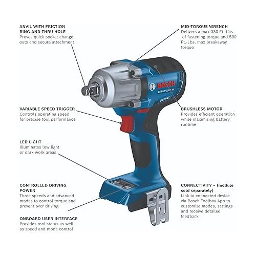  BOSCH GDS18V-330CN 18V Brushless Connected-Ready 1/2 In. Mid-Torque Impact Wrench with Friction Ring and Thru-Hole (Bare Tool)