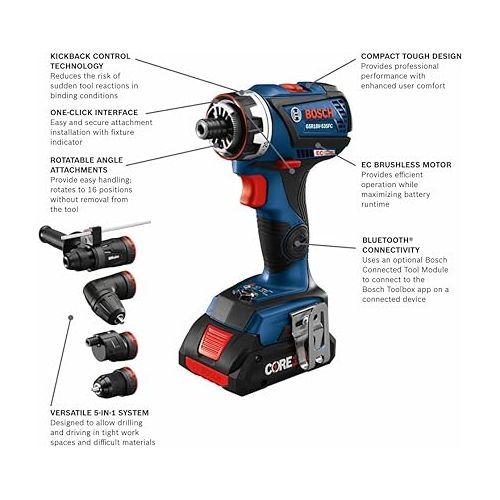  BOSCH GSR18V-535FCB15 18V Drill/Driver with 5-In-1 Flexiclick® System and (1) CORE18V® 4 Ah Advanced Power Battery, Black Blue