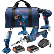 BOSCH GXL18V-496B22 18V 4-Tool Combo Kit with Compact Tough 1/2 In. Drill/Driver, Two-In-One 1/4 In. and 1/2 In. Bit/Socket Impact Driver, Compact Reciprocating Saw, LED Worklight and 2 Ah Batteries